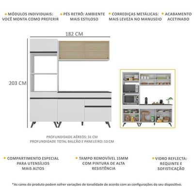 Armário De Cozinha Compacta 182cm Veneza Multimóveis V3695 Branco/preto Branco/preto