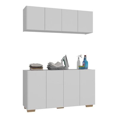 Conjunto Lavanderia Multiuso Armário Aéreo E Balcão Mp5054 Branco natural