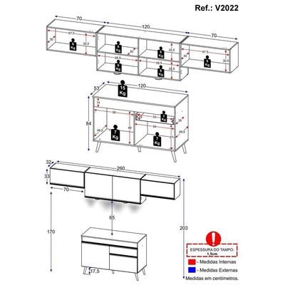 Armário De Cozinha Compacta 260cm Com Leds Veneza Up Multimóveis V2022 Branco/dourado Branco/dourado