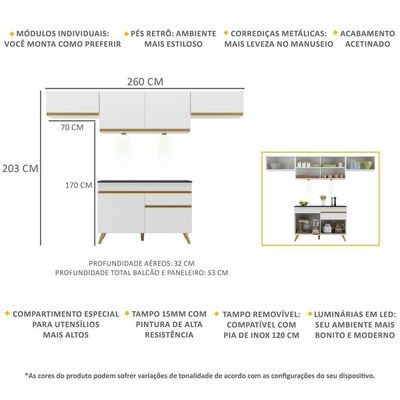 Armário De Cozinha Compacta 260cm Com Leds Veneza Up Multimóveis V2022 Branco/dourado Branco/dourado