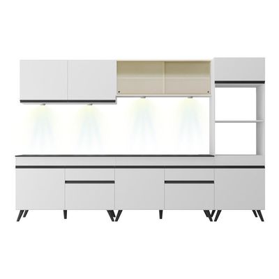 Armário De Cozinha Compacta 302cm Com Leds Veneza Up Multimóveis V2014 Branco/preto Branco/preto