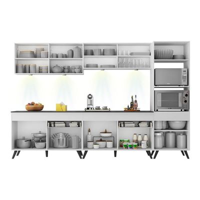 Armário De Cozinha Compacta 302cm Com Leds Veneza Up Multimóveis V2014 Branco/preto Branco/preto