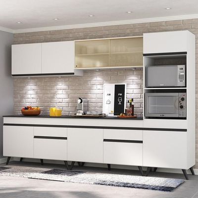 Armário De Cozinha Compacta 302cm Com Leds Veneza Up Multimóveis V2014 Branco/preto Branco/preto