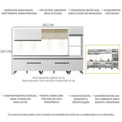 Armário De Cozinha Compacta 302cm Com Leds Veneza Up Multimóveis V2014 Branco/preto Branco/preto