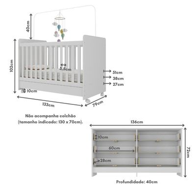 Berço 3 Em 1 Para Colchão 130x70cm Com Rodízios E Cômoda Chantilly Multimóveis Branco