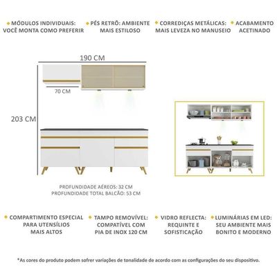 Armário De Cozinha Compacta 190cm Com Leds Veneza Up Multimóveis V2031 Branco/dourado Branco/dourado