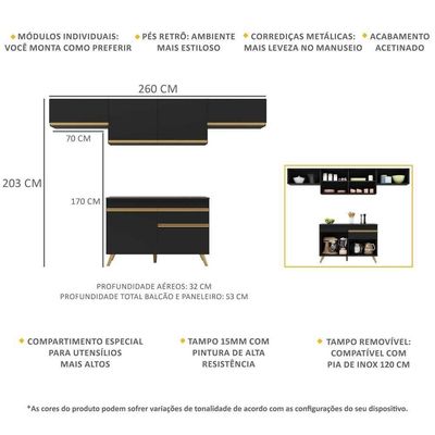 Armário De Cozinha Compacta 260cm Veneza Multimóveis V3697 Preto/dourado Preto/dourado