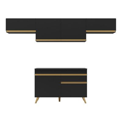 Armário De Cozinha Compacta 260cm Veneza Multimóveis V3697 Preto/dourado Preto/dourado