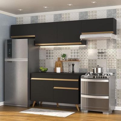 Armário De Cozinha Compacta 260cm Veneza Multimóveis V3697 Preto/dourado Preto/dourado