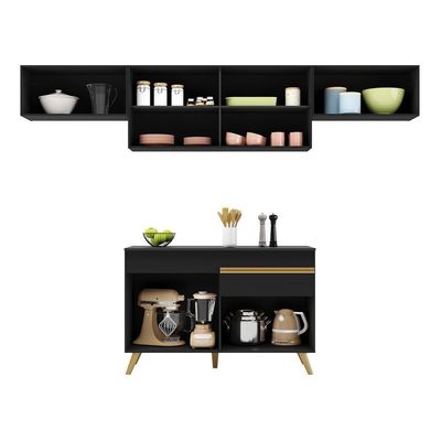 Armário De Cozinha Compacta 260cm Veneza Multimóveis V3697 Preto/dourado Preto/dourado