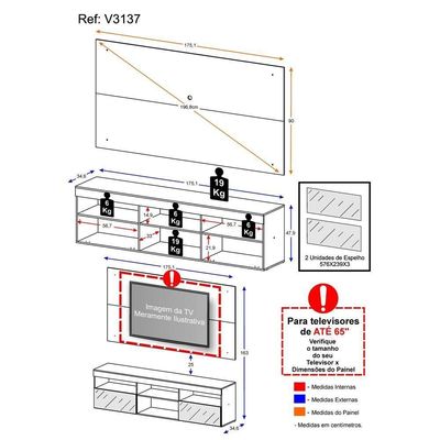 Rack Com Painel Tv 65" E Espelho Multimóveis V3137 Duna