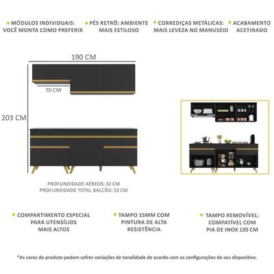 Cozinha Compacta 4 Peças C/ Armário E Balcão Veneza Gb Preta