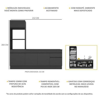 Armário De Cozinha Compacta 212cm Com Rodapé Veneza Multimóveis V2113 Preto Preto