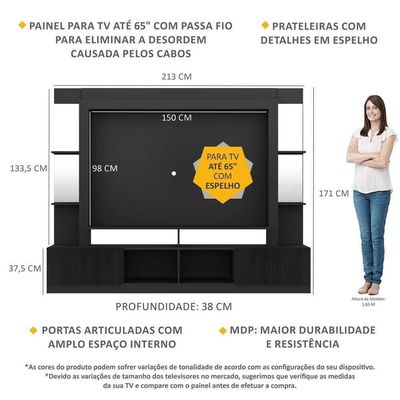 Estante Tv 65" Prateleiras C/ Espelho Multimóveis V3393Preta