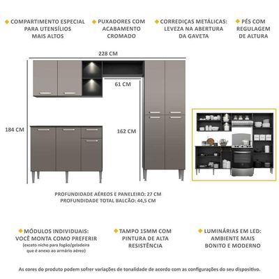 Cozinha Compacta C/ 2 Leds 3 Pçs Pequim Multimóveis V3412