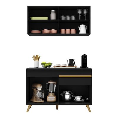 Armário De Cozinha Compacta 120cm Veneza Multimóveis V3687 Preto/dourado Preto/dourado