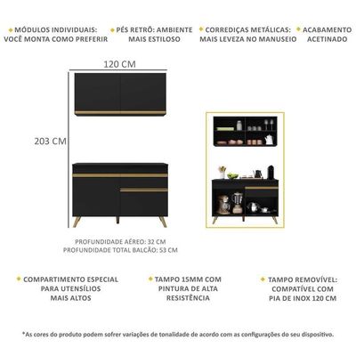Armário De Cozinha Compacta 120cm Veneza Multimóveis V3687 Preto/dourado Preto/dourado