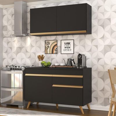 Armário De Cozinha Compacta 120cm Veneza Multimóveis V3687 Preto/dourado Preto/dourado