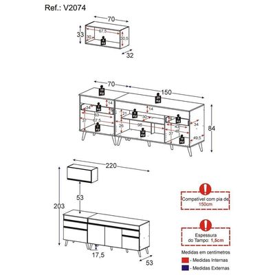 Armário De Cozinha Compacta 220cm Veneza Multimóveis V2074 Branco Branco