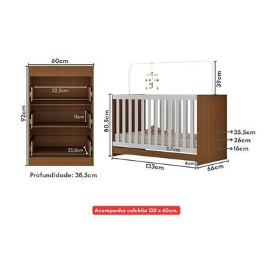 Berço 3 Em 1 Com Cômoda 3 Gavetas E Colchão Incluso Doce De Leite Multimóveis Mp4240 Madeirado/branco