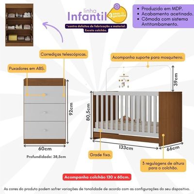 Berço 3 Em 1 Com Cômoda 3 Gavetas E Colchão Incluso Doce De Leite Multimóveis Mp4240 Madeirado/branco