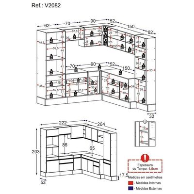 Armário De Cozinha Completa De Canto Com Rodapé Veneza Multimóveis V2082 Branco/preto Branco/preto