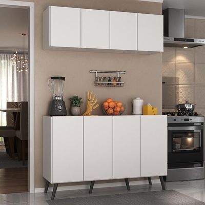 Kit Armário Cozinha Aéreo Balcão 4 Portas Retrô Mp2170 Branco/preto