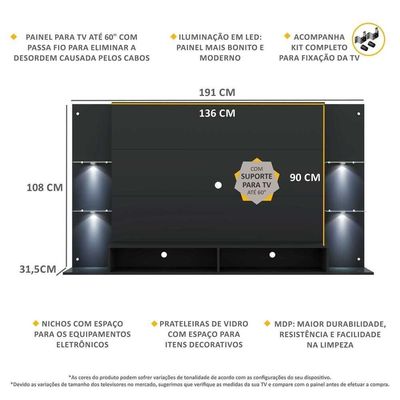 Painel Com Suporte Tv 60´´ e 4 Leds Prateleiras De Vidro