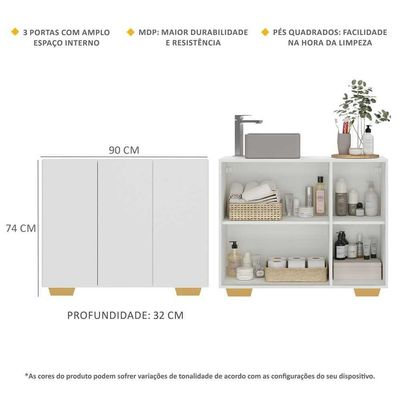 Gabinete Banheiro 3 Portas 90cm Mp5031 Branco Natural