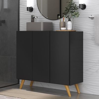Gabinete Banheiro 3 Portas Retrô 90Cm Mp5030 Preto/Natural