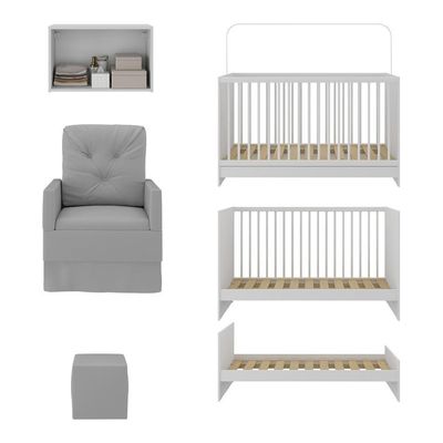 Berço 3 Em 1 Com Colchão Poltrona Puff e Armário Aéreo 2 Portas Mp4157 Branco-cinza