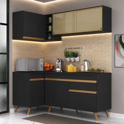 Armário De Cozinha Compacta De Canto Veneza Multimóveis V2056 Preto/dourado Preto/dourado