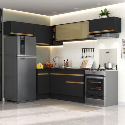 Armário De Cozinha Completa De Canto Com Rodapé Veneza Multimóveis V2095 Preto/dourado Preto/dourado