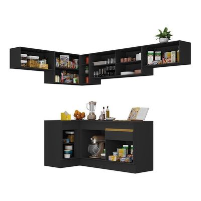 Armário De Cozinha Completa De Canto Com Rodapé Veneza Multimóveis V2095 Preto/dourado Preto/dourado