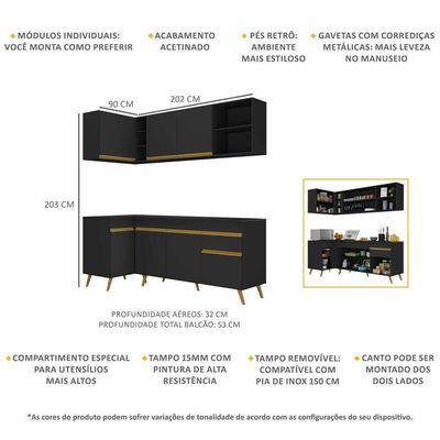 Armário De Cozinha Compacta De Canto Veneza Multimóveis V2058 Preto/dourado Preto/dourado