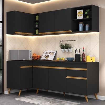 Armário De Cozinha Compacta De Canto Veneza Multimóveis V2058 Preto/dourado Preto/dourado