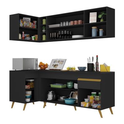 Armário De Cozinha Compacta De Canto Veneza Multimóveis V2058 Preto/dourado Preto/dourado