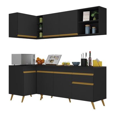 Armário De Cozinha Compacta De Canto Veneza Multimóveis V2058 Preto/dourado Preto/dourado