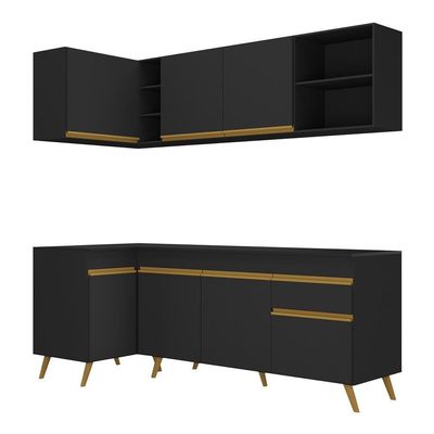Armário De Cozinha Compacta De Canto Veneza Multimóveis V2058 Preto/dourado Preto/dourado