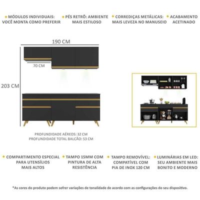 Armário De Cozinha Veneza Up Multimóveis V2030 Preto/dourado