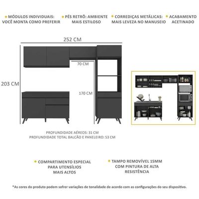 Armário De Cozinha Compacta 252cm Veneza Multimóveis V3693 Preto Preto