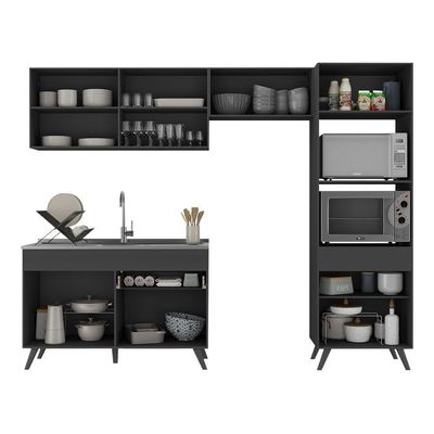 Armário De Cozinha Compacta 252cm Veneza Multimóveis V3693 Preto Preto