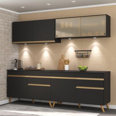 Armário De Cozinha Compacta 240cm Com Led Preto/dourado