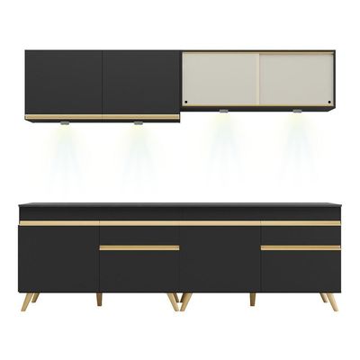 Armário De Cozinha Compacta 240cm Com Led Preto/dourado