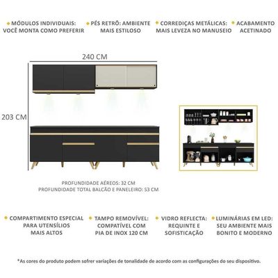 Armário De Cozinha Compacta 240cm Com Led Preto/dourado