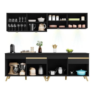 Armário De Cozinha Compacta 240cm Com Led Preto/dourado