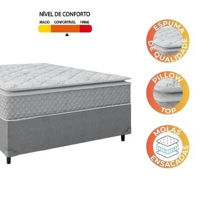 Cama Box Casal Colchão Molas Ensacadas Pillow Top Perfect 138X188X71Cm Cinza/Branco
