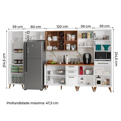 Armário De Cozinha Completa Vidro Reflecta Com Adega 11 Portas 4 Gavetas Favorita Branco/nature Natu