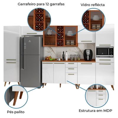 Armário De Cozinha Completa Vidro Reflecta Com Adega 11 Portas 4 Gavetas Favorita Branco/nature Natu