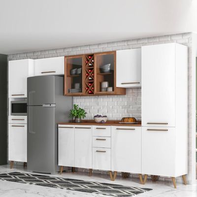 Armário De Cozinha Completa Vidro Reflecta Com Adega 11 Portas 4 Gavetas Favorita Branco/nature Natu